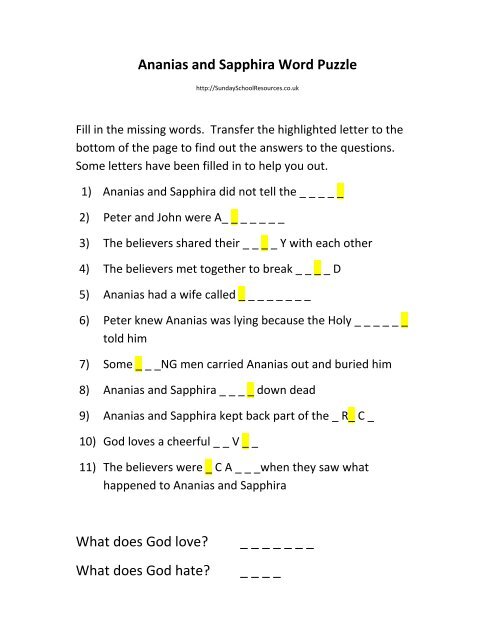 Ananias Sapphira Word Puzzle Sunday School Resources Ananias Sapphira Word Puzzle Sunday School Resources