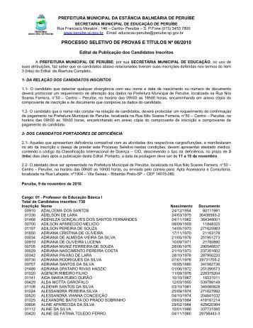 PROCESSO SELETIVO DE PROVAS E TÍTULOS Nº 06/2010 - Peruíbe