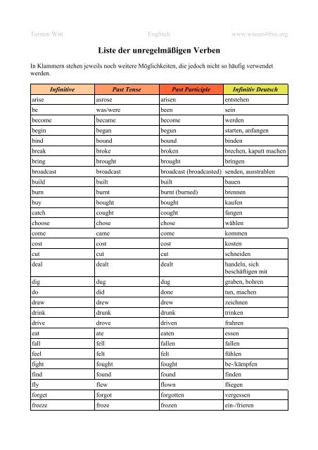 Liste der unregelmäßigen Verben - wissen4free.org