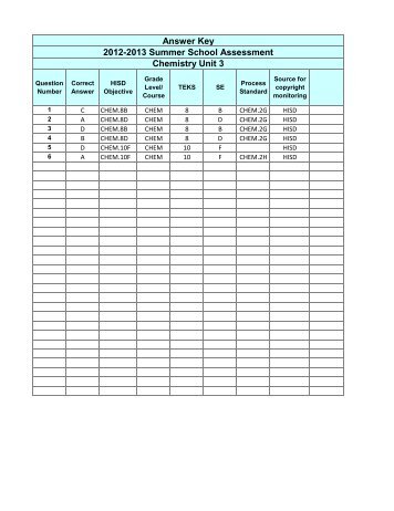 Answer Key 2012-2013 Summer School Assessment Chemistry Unit 3