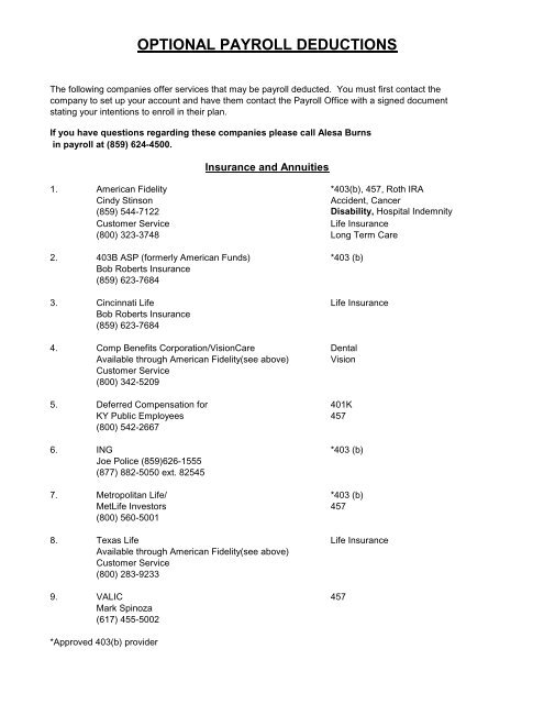 OPTIONAL PAYROLL DEDUCTIONS - Madison County Schools