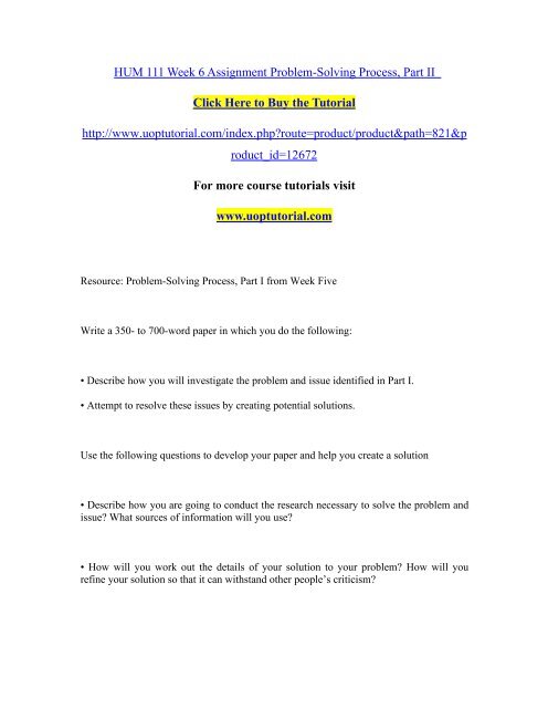HUM 111 Week 6 Assignment Problem-Solving Process, Part II