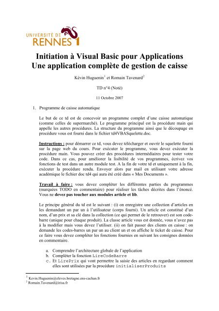 Initiation Ã  Visual Basic pour Applications Une ... - ENS Cachan