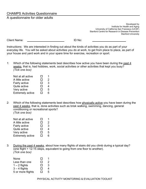 CHAMPS Activities Questionnaire - UnitingCare Ageing