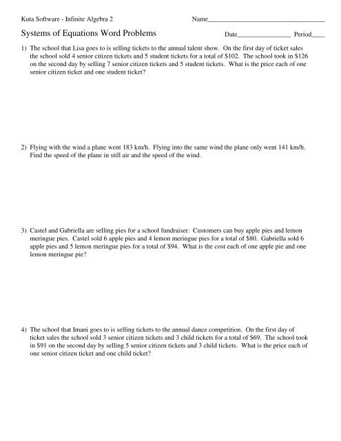 Systems of Equations Word Problems - Kentoncountyspringboardmath