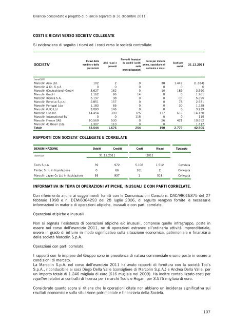 Bilancio Consolidato del Gruppo Marcolin al 31 dicembre 2011