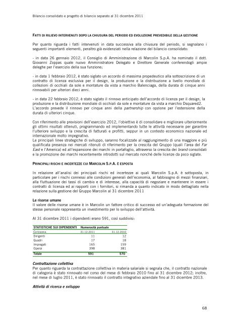 Bilancio Consolidato del Gruppo Marcolin al 31 dicembre 2011