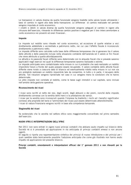 Bilancio Consolidato del Gruppo Marcolin al 31 dicembre 2011