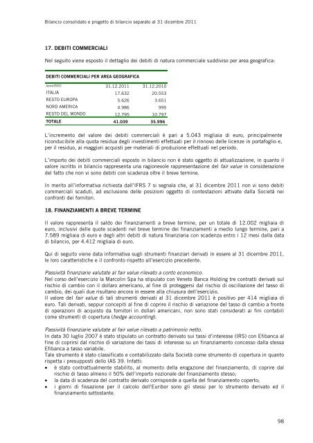 Bilancio Consolidato del Gruppo Marcolin al 31 dicembre 2011