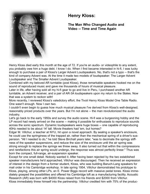 Henry Kloss tha man who changed audio time Davidreaton