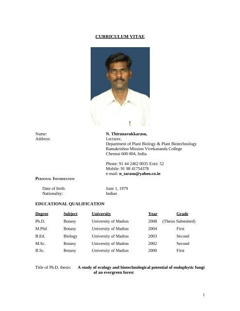 Curriculum Vitae of Dr - Ramakrishna Mission Vivekananda College