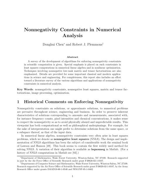 Nonnegativity Constraints in Numerical Analysis - CiteSeer