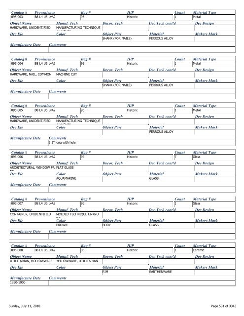 Catalog # Provenience Bag # H/P Count Material Type Object Name ...