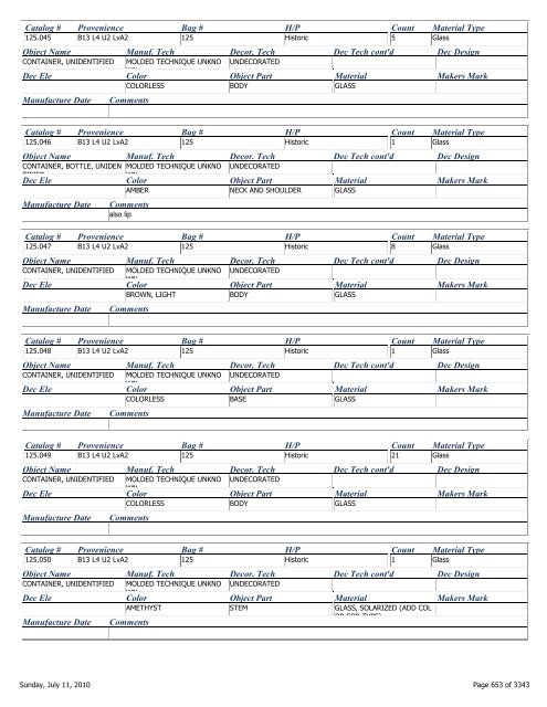 Catalog # Provenience Bag # H/P Count Material Type Object Name ...