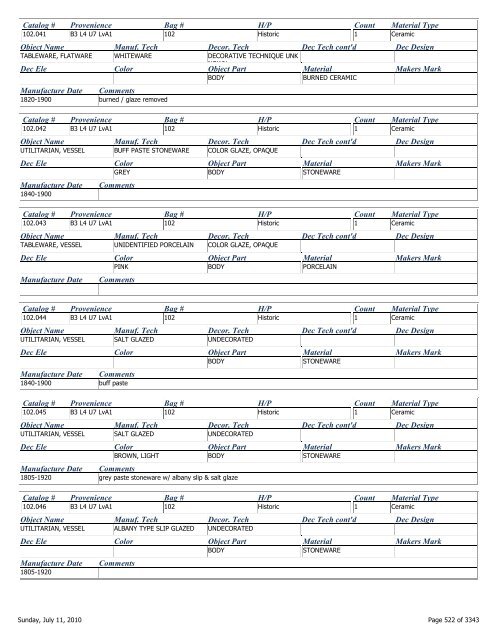 Catalog # Provenience Bag # H/P Count Material Type Object Name ...