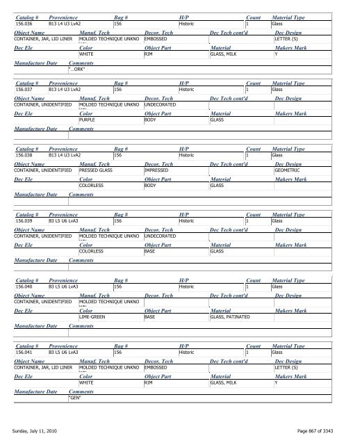 Catalog # Provenience Bag # H/P Count Material Type Object Name ...