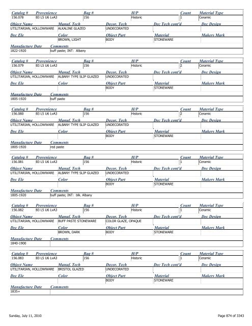 Catalog # Provenience Bag # H/P Count Material Type Object Name ...