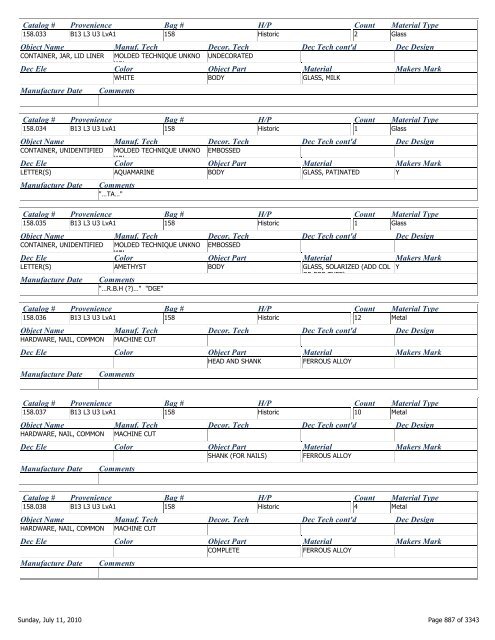 Catalog # Provenience Bag # H/P Count Material Type Object Name ...