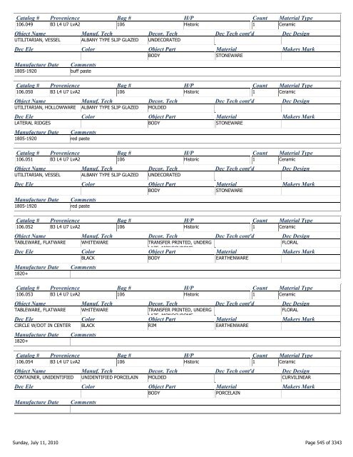 Catalog # Provenience Bag # H/P Count Material Type Object Name ...