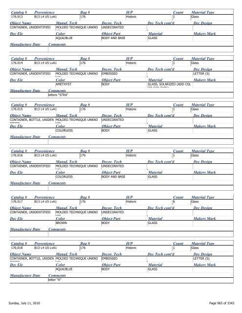 Catalog # Provenience Bag # H/P Count Material Type Object Name ...