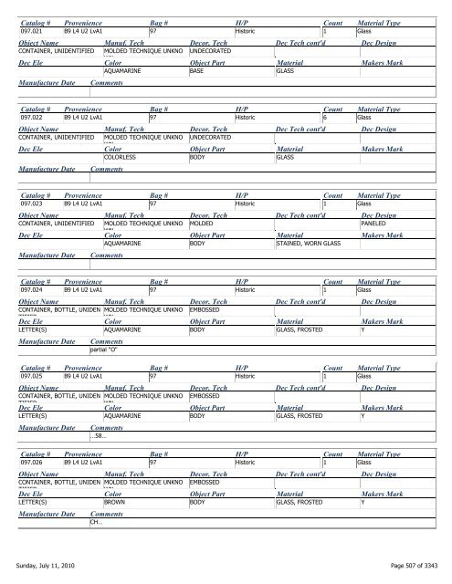 Catalog # Provenience Bag # H/P Count Material Type Object Name ...