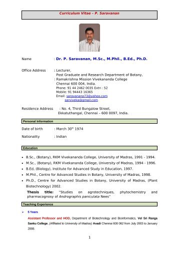 Curriculum Vitae â P. Saravanan - Ramakrishna Mission ...