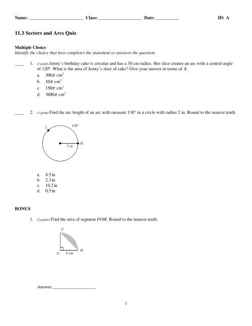 Examview 11 3 Sectors And Arcs Quiz Tst Examview 11 3 Sectors And Arcs Quiz Tst