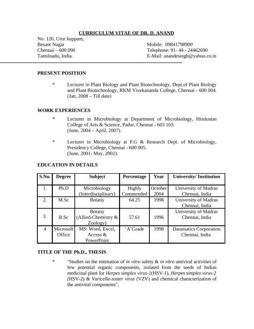 CURRICULUM VITAE OF DR