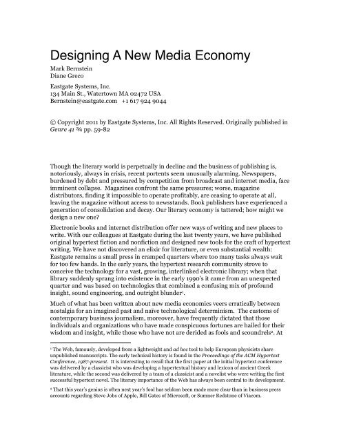 Genre: Designing a New Media Economy - Mark Bernstein