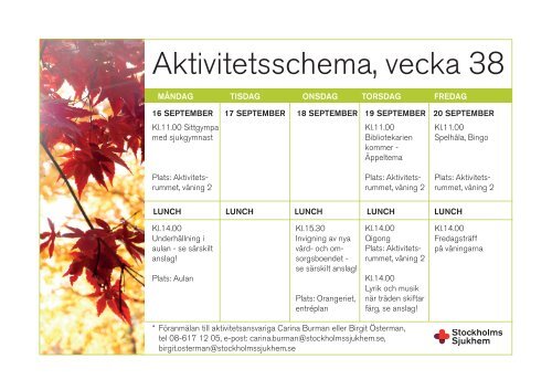 Aktivitetsschema, vecka 37 - Stockholms sjukhem