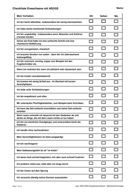 Checklist E mit ADS - ADHS in Krefeld