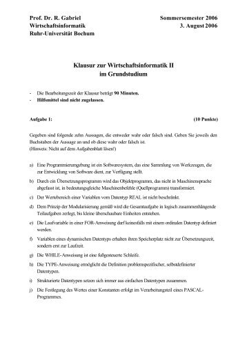 Klausur zur Wirtschaftsinformatik II im Grundstudium