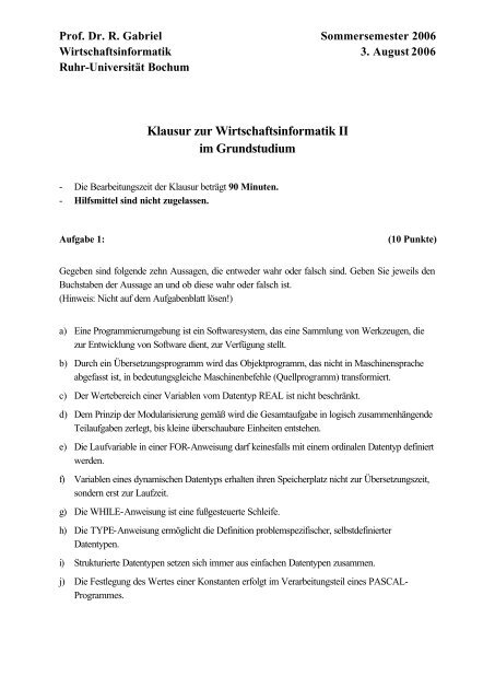 Klausur zur Wirtschaftsinformatik II im Grundstudium