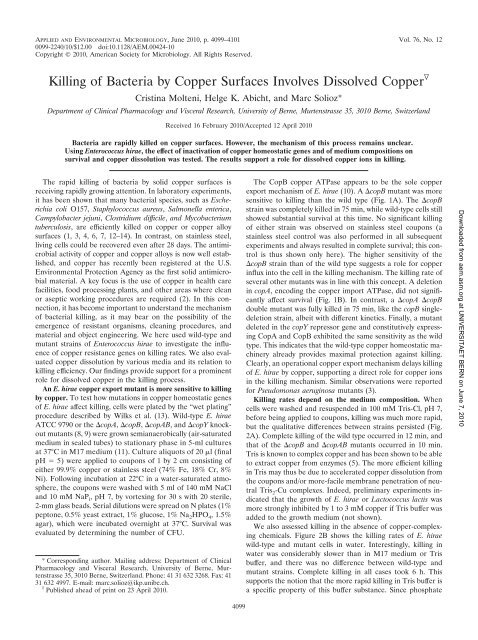 Killing of Bacteria by Copper Surfaces Involves Dissolved Copper