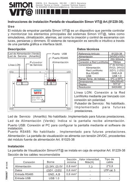 Instrucciones de instalaciÃ³n de la Pantalla de visualizaciÃ³n Simon VIT