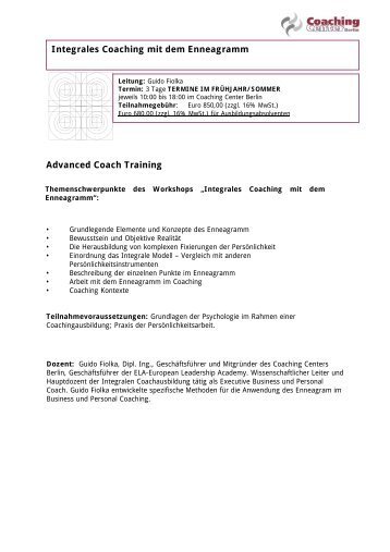 Advanced Coach Training Integrales Coaching mit dem Enneagramm