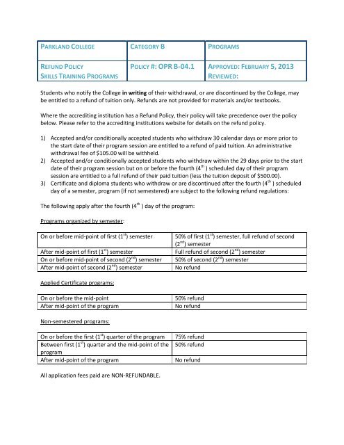 Refund Policy - Parkland College