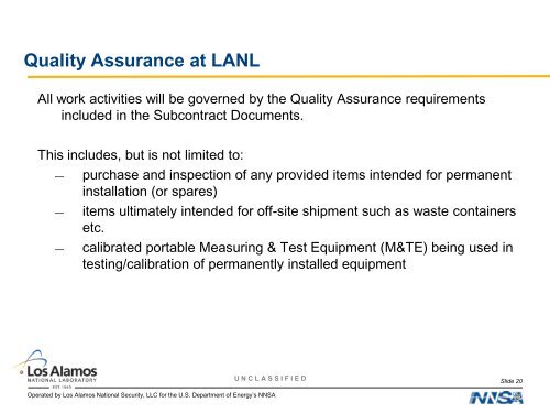 Overview Quality Assurance at LANL - Acquisition Services ...