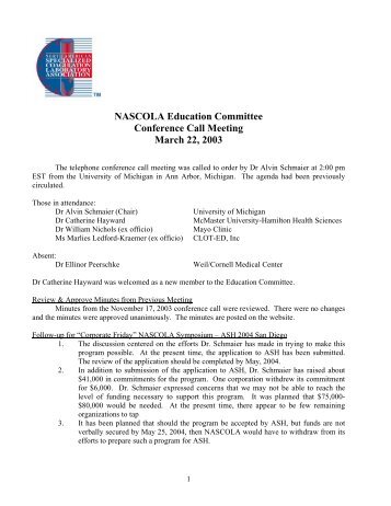 NASCOLA Education Committee Conference Call Meeting March 22 ...