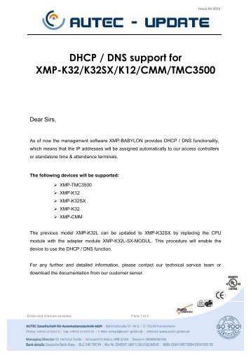 DHCP / DNS support for XMP-K32/K32SX/K12/CMM/TMC3500