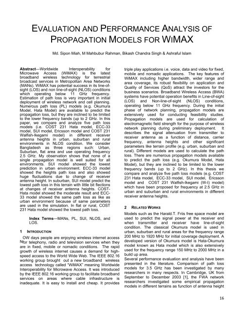 evaluation and performance analysis of propagation models for wimax