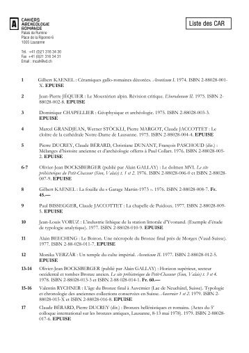 Cahiers d'archéologie romande (*.pdf) - Canton de Vaud