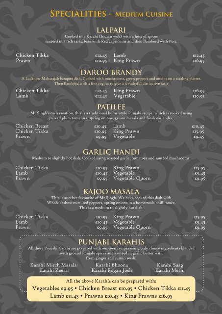 A La Carte Menu - Mr Singh Alloa