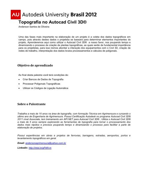 Topografia no Autocad Civil 3D - Autodesk International Communities