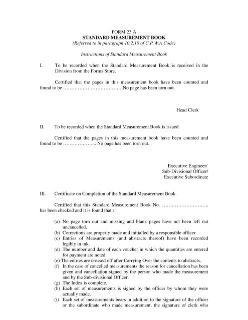 FORM 23 A STANDARD MEASUREMENT BOOK ... - Ccamoud.nic.in