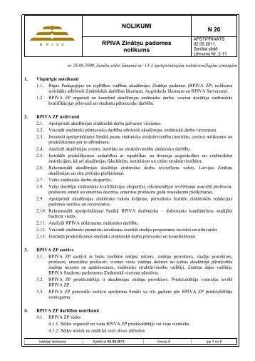 NOLIKUMI N 20 RPIVA ZinÄtÅu padomes nolikums