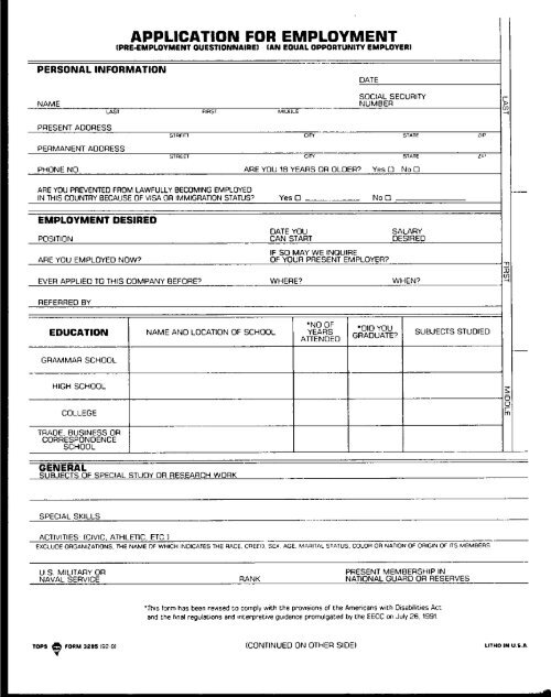 APPLICATION FOR EMPLOYMENT - Scanfileofalaska.com