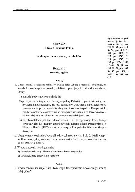 USTAWA z dnia 20 grudnia 1990 r. o ubezpieczeniu ... - KRUS