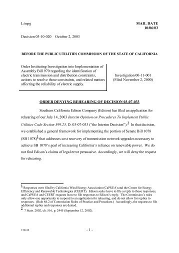 CPUC Decision Denying SCE Application for Rehearing ... - CalWEA
