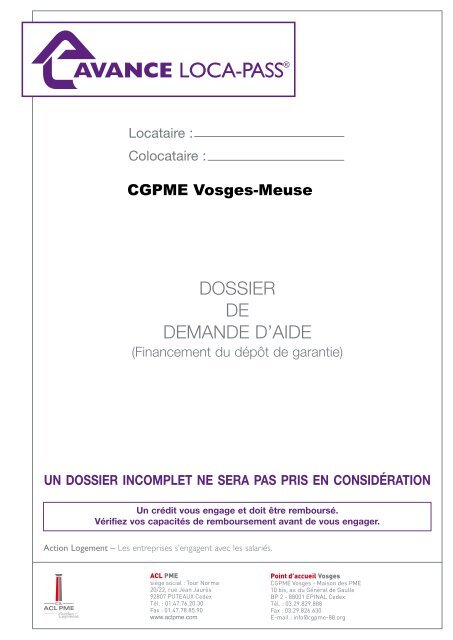 DOSSIER DE DEMANDE D'AIDE - ACL PME Vosges